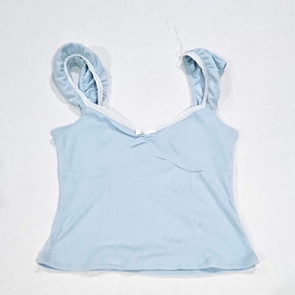 Persaya Y2K Coquette Cami Top Medium Blue Pointelle Ruched Lace Bow